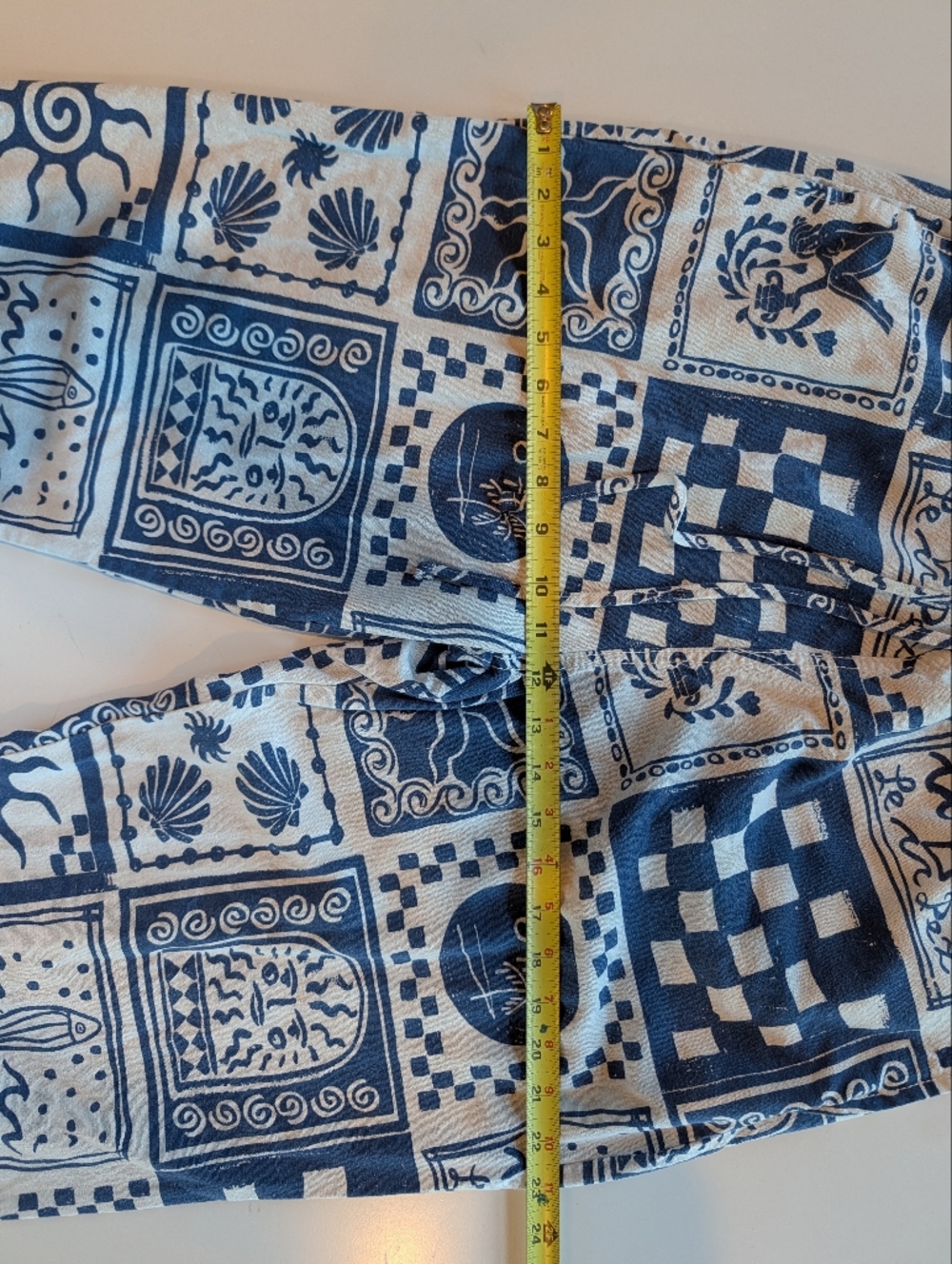 Blue & White Printed Linen Pull On Pants - Blue Bandana Geo Sardines Fish - Picture 8 of 11